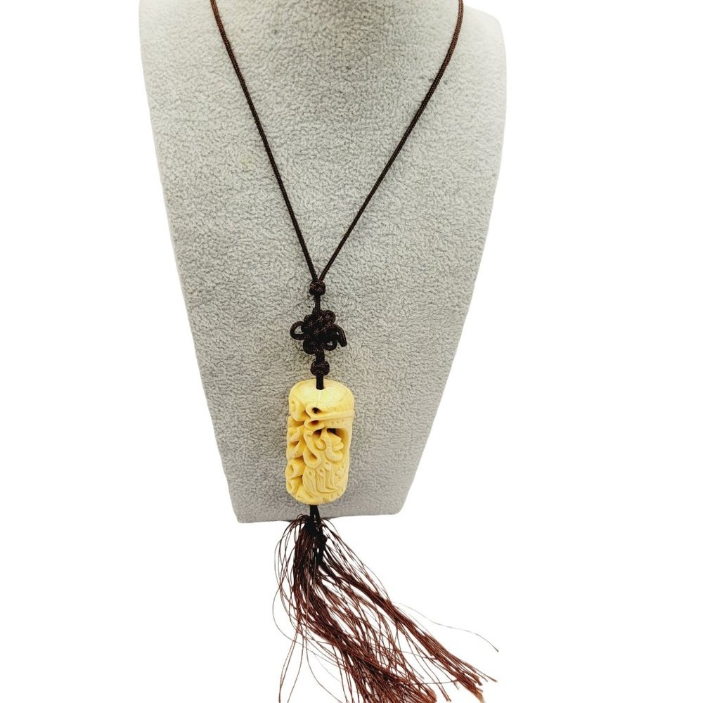 Antique Asian Carved Dragon Pendant on Cord Necklace (A331)